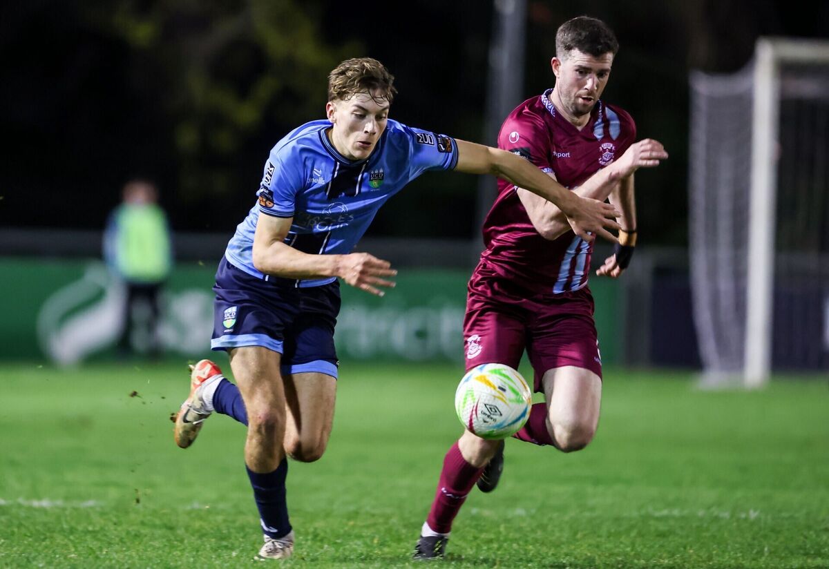 UCD vs Cobh Ramblers: Hugh Smith of UCD and Brendan Frahill of Cobh Ramblers 