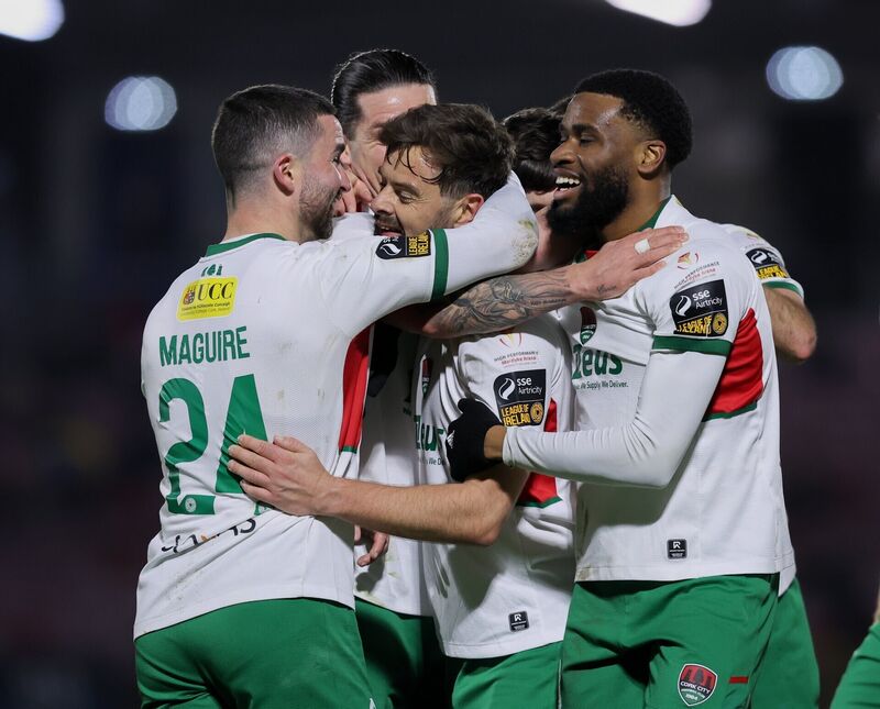 Greg Bolger of Cork City is congratulated by teammates after scoring their third goal. Picture: Michael P Ryan/Sportsfile