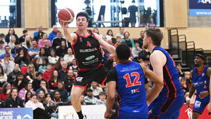<p>ON THE RISE: Ballincollig's Adrian O'Sullivan lays up a basket against Éanna during the Domino's Men's Super League semi-final at MTU Arena. Picture: Eddie O'Hare</p>