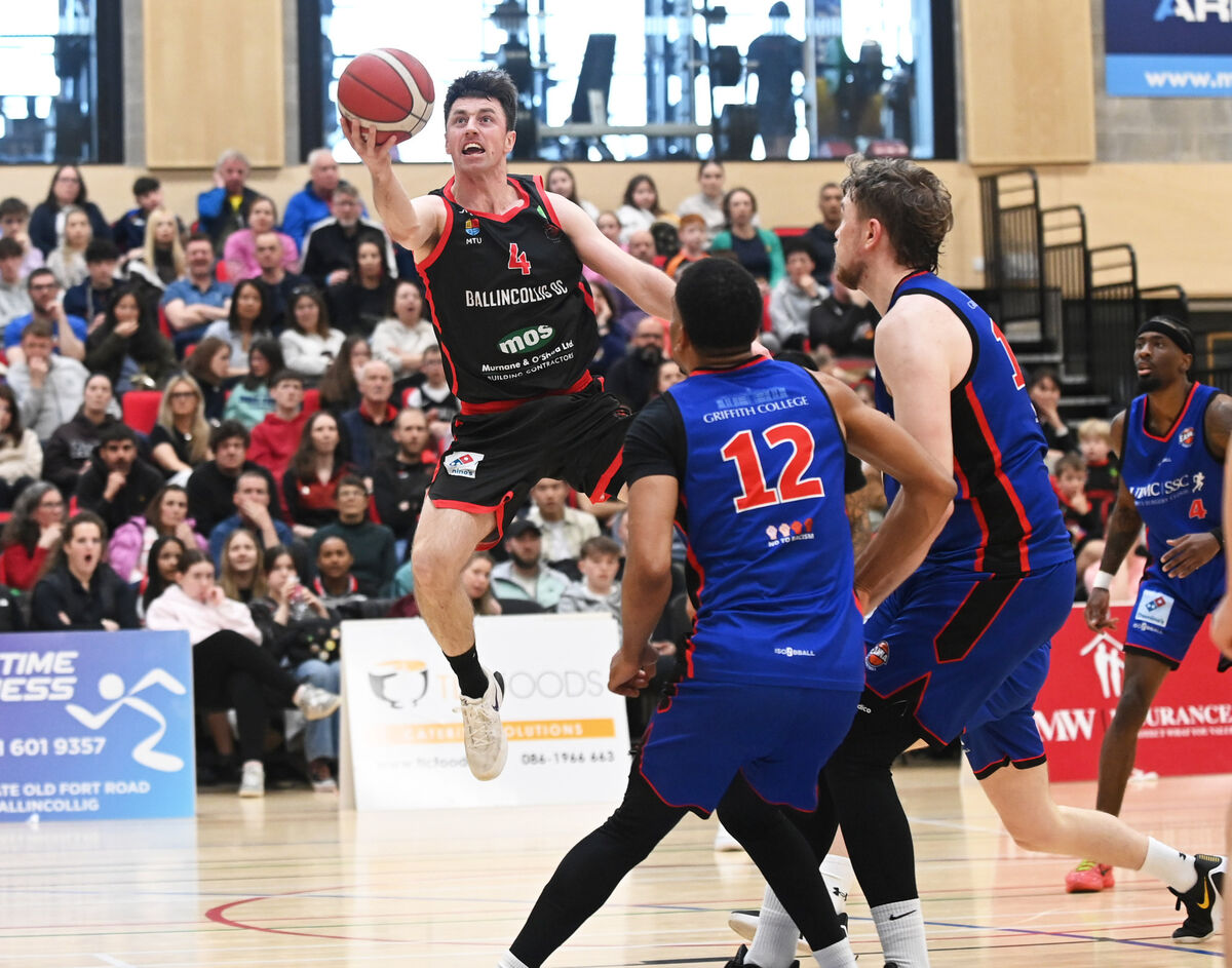 ON THE RISE: Ballincollig's Adrian O'Sullivan lays up a basket against Éanna during the Domino's Men's Super League semi-final at MTU Arena. Picture: Eddie O'Hare