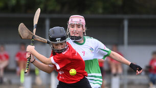 <p> Elannah Sheehan, Seandún, with possession as Sophie Donohoe, Muskerry, attempts a hook in the camogie championship at Castle Road last season. Picture: Larry Cummins</p>