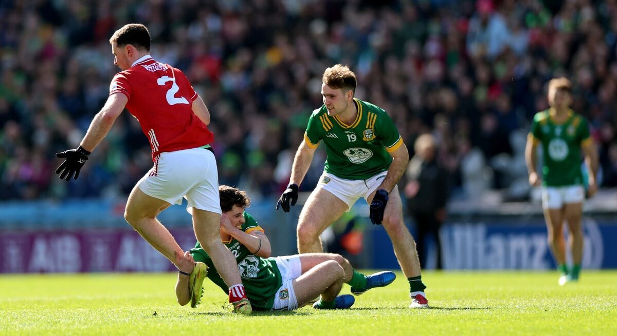 Meath's James Conlon fouls Maurice Shanley of Cork as the time runs out. Picture: INPHO/James Crombie Meath's James Conlon fouls Maurice Shanley of Cork as the time runs out. Picture: INPHO/James Crombie