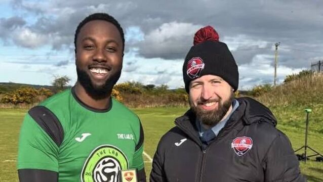 <p>Cork Business League representative Peter Travers presents the Man of the Match to Matthew Ekhosuehi, The LAB, following his hat-trick against DoMA Brazil Giants in the Grandon’s Toyota Premier Division. Picture: Finbarr Buckley</p>
