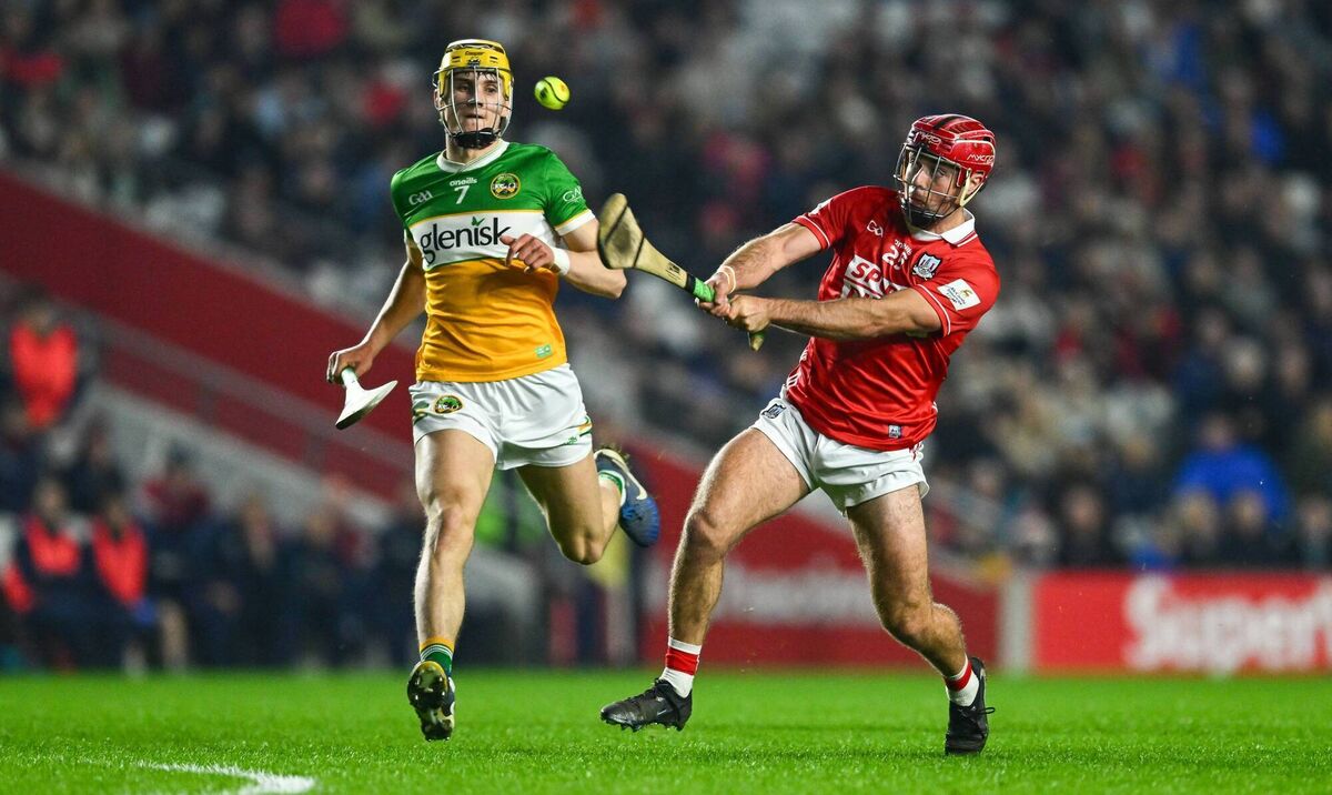 William Buckley of Cork shoots from Donal Shirley of Offaly. Picture: Tyler Miller/Sportsfile
