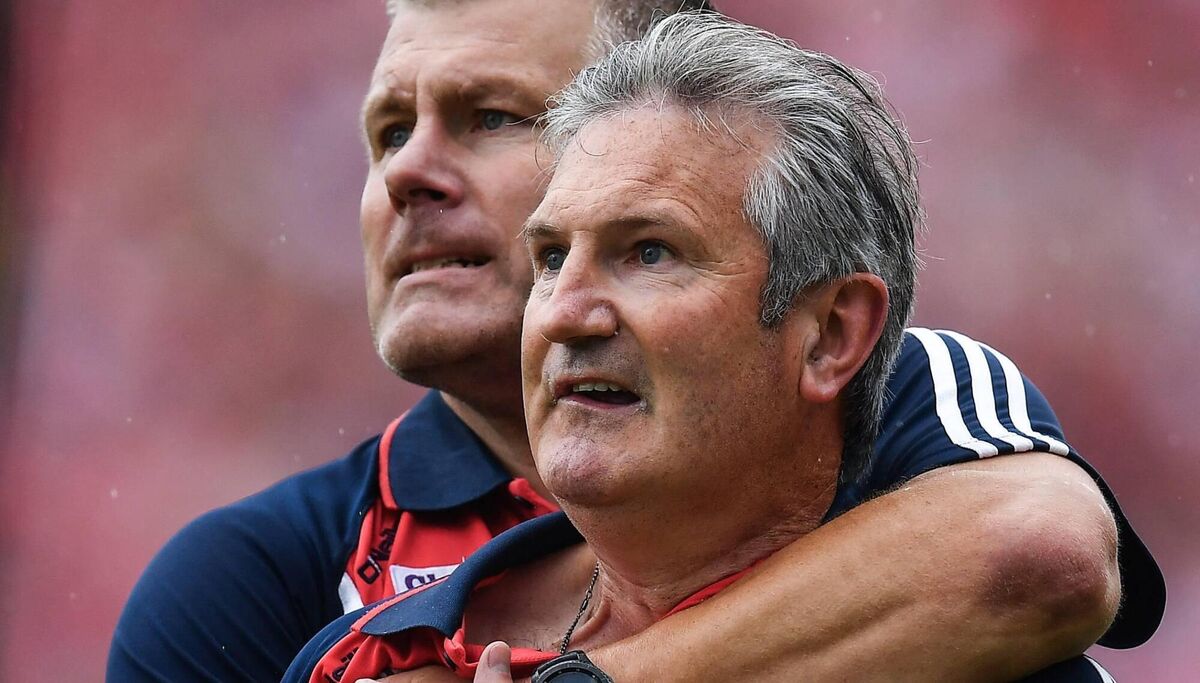 Cork manager Kieran Kingston and selector Diarmuid O'Sullivan in the closing stages of the 2017 Munster final win. Picture: Brendan Moran/Sportsfile