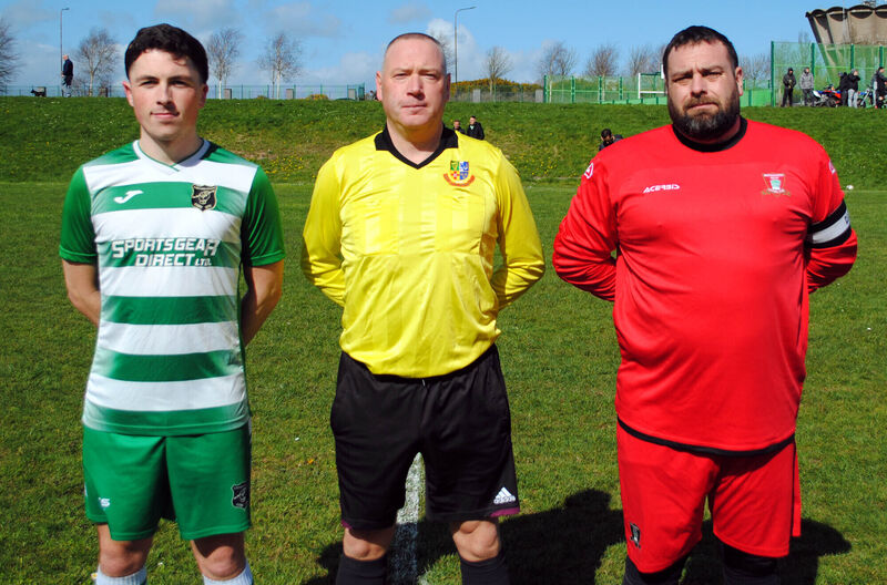 Knocknaheeny Celtic's captain Graham Murphy (right), with Glenthorn Celtic's Jamie Keniry, with referee Alan McDonagh. Picture: Barry Peelo.
