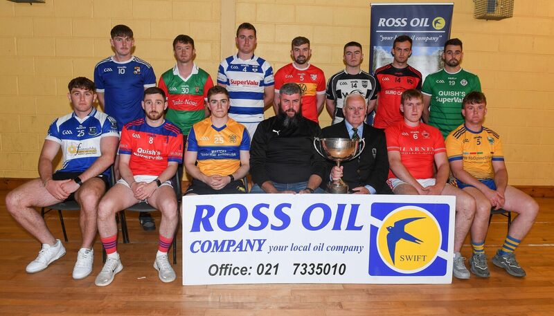  Tony Finnegan of Ross Oil Company (sponsor) and Ed Warren, Muskerry GAA, along with players representing their clubs, at the Muskerry GAA championship launch in 2024. Picture: David Keane