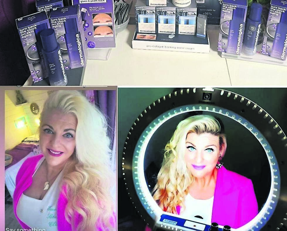 Emer O’Callaghan at work in her uniform and also pictured doing one of her popular beauty videos wearing a pink blazer and top from Hickeys Boutique, Fermoy. Also pictured is the New Dermalogica Exosome anti-ageing serum, and new collagen moisturiser, both available from Emerald Beauty Clinic, 021 4365949. Postage options available