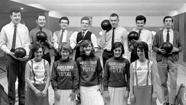 <p class="contextmenu internal_Caption">Members of The Royal Showband, with singer Brendan Bowyer back left, publicise their new single, The Hucklebuck, at the bowling alley on Grand Parade, Cork, in February, 1965</p>