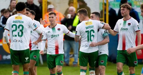 Sean Murray and Finn Harps’ Gavin McAteer celebrate a goal 12/9/2025