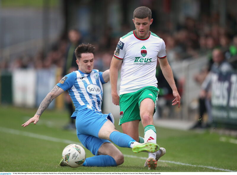 Darragh Crowley of Cork City is tackled by Patrick Ferry of Finn Harps during the SSE Airtricity Men's First Division match between Cork City and Finn Harps at Turner's Cross in 2024. Picture: Michael P Ryan/Sportsfile