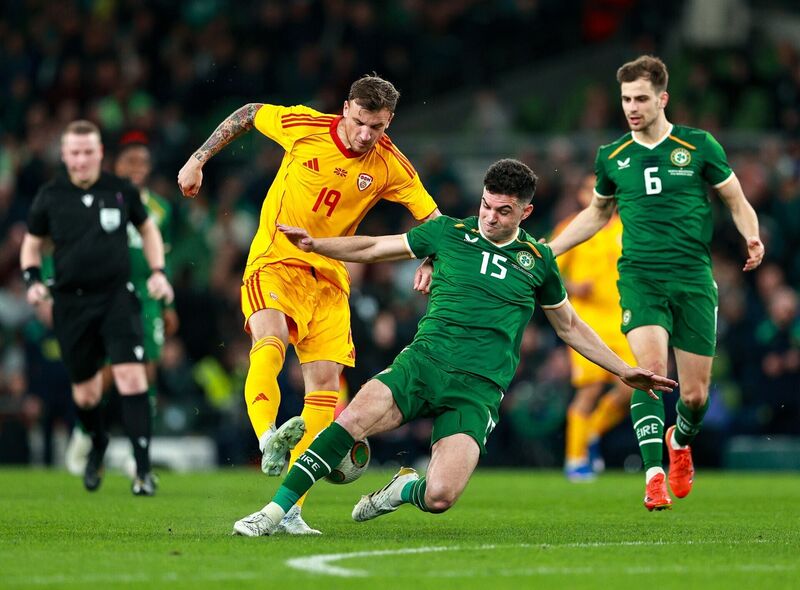 John Egan of Republic of Ireland blocks a shot from Milan Ristovski of North Macedonia during the international friendly match between Republic of Ireland and North Macedonia at Aviva Stadium in Dublin. Photo by Thomas Flinkow/Sportsfile