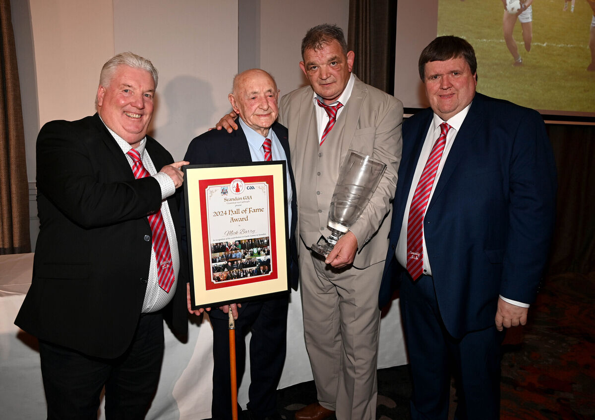 Pictured in 2024 is Mick Barry,’ Hall of Fame’ winner with Eddie Murphy, secretary; Mick Buckley, chairman and Derek Connolly, asst. secretary at the Seandún City division GAA celebratory dinner at the Clayton Hotel Silversprings. Picture: Eddie O’Hare Pictured in 2024 is Mick Barry,’ Hall of Fame’ winner with Eddie Murphy, secretary; Mick Buckley, chairman and Derek Connolly, asst. secretary at the Seandún City division GAA celebratory dinner at the Clayton Hotel Silversprings. Picture: Eddie O’Hare