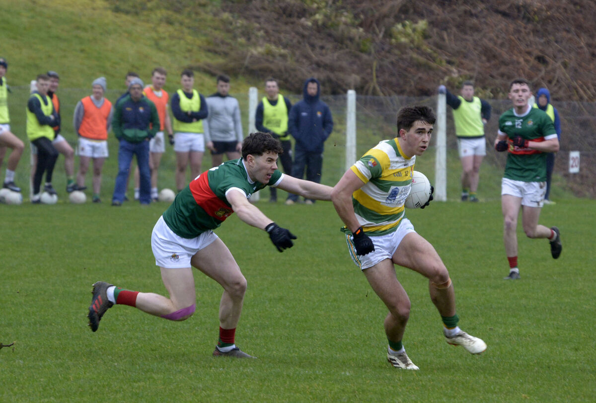 Carbery Rangers' Ciarán Santry moves away from Daniel Darragh of Clonakilty last year. Picture: Denis Boyle