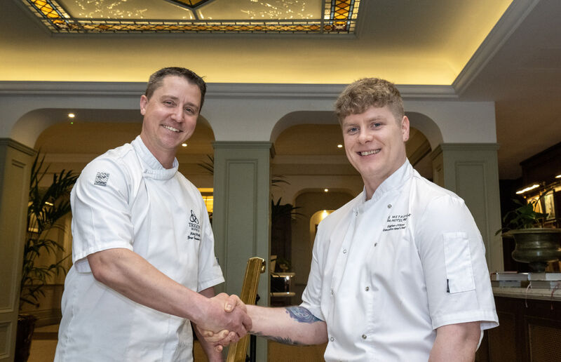 Eoghan O’Flynn, right, being welcomed to the Metropole Hotel by Alex Petit, Group Executive Chef with the Trigon Hotels, after it was announced that Eoghan was appointed as Executive Head Chef at The Metropole Hotel.	Picture: Brian Lougheed
                        
