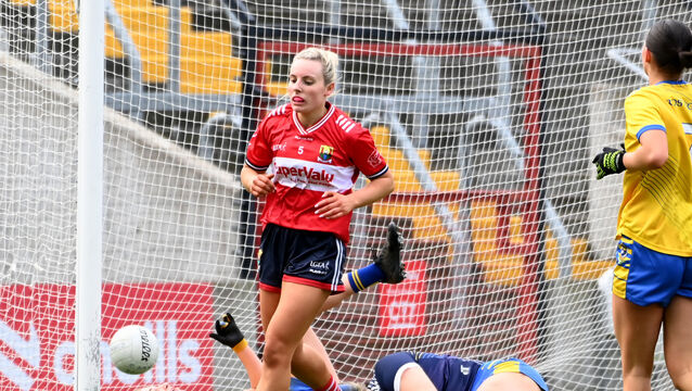<p>Emma Cleary after hitting the net in the Páirc. Picture: Eddie O'Hare</p>