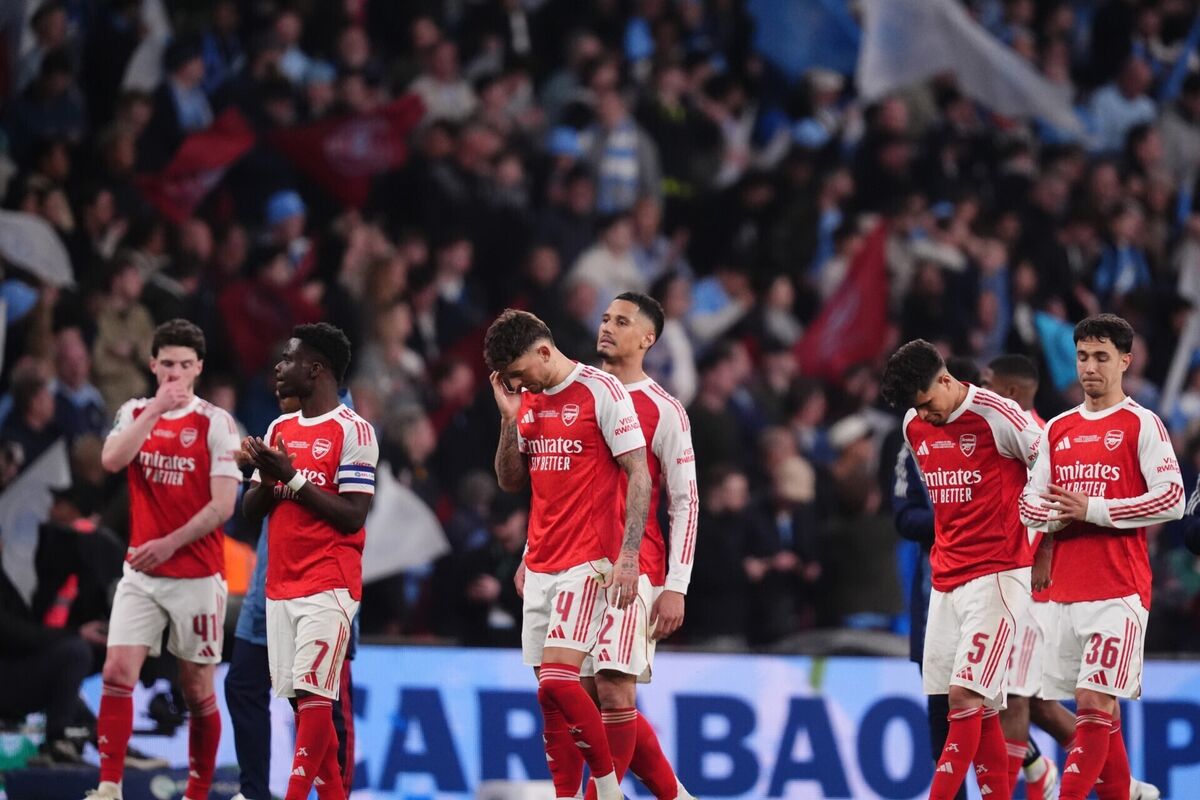 Arsenal's Ben White (centre) after the final whistle during the Carabao Cup final at Wembley Stadium, London. Picture: John Walton/PA Wire
