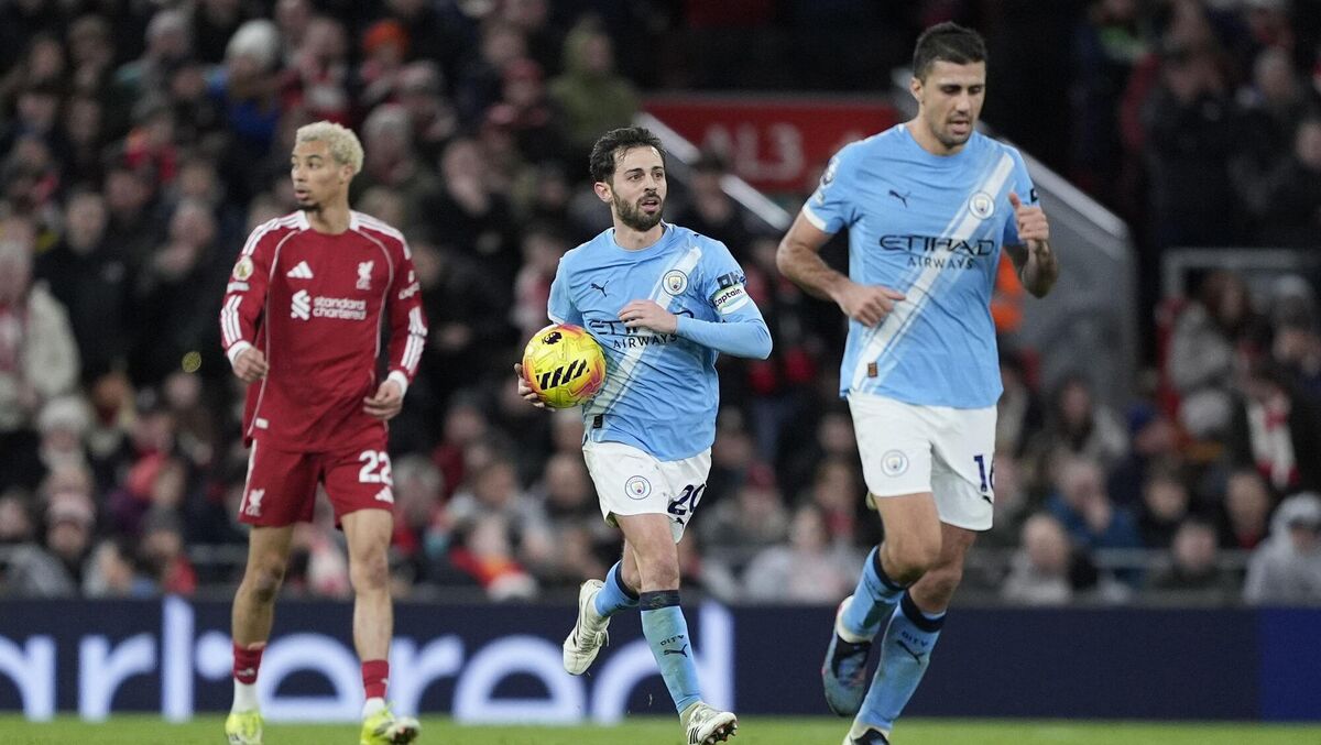 Manchester City's Bernardo Silva celebrates scoring against Liverpool when the sides met in the Premier League match at Anfield, Liverpool, in February. 	Picture: Peter Byrne/PA Wire