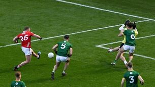 <p>Brian Hurley hits the net against Meath at Croke Park. Picture: Ramsey Cardy/Sportsfile</p>