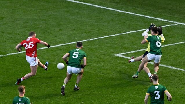 <p>Brian Hurley hits the net against Meath at Croke Park. Picture: Ramsey Cardy/Sportsfile</p>