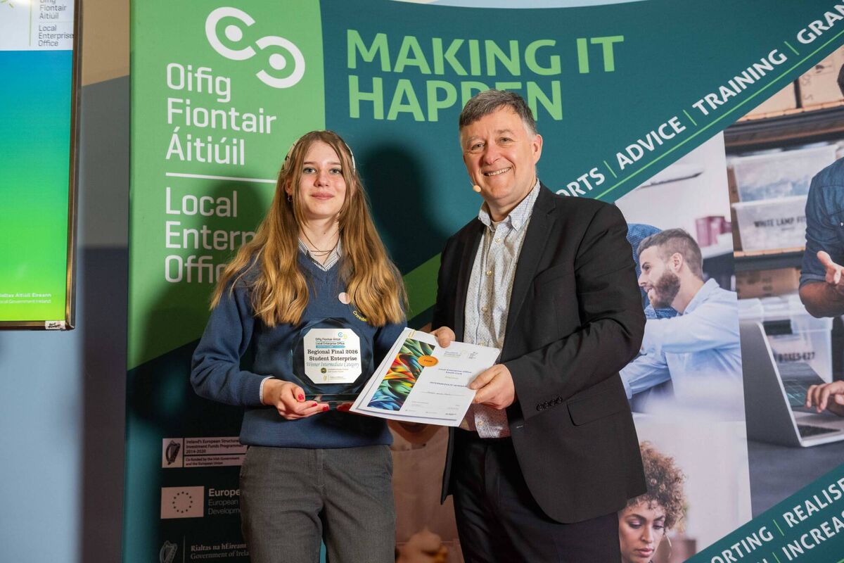 Maria Pietruczuk (Crosshaven) from Coláiste Muire Réalt na Mara, Crosshaven, winner of the Intermediate Category Regional final at the Student Enterprise Awards 2026, with her business “Petal and Pearl”, with Seán O’Sullivan, head of enterprise, Local Enterprise Office South Cork.