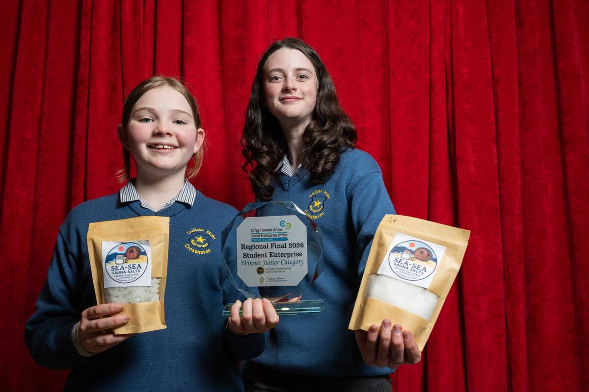 First year students Clodagh Conancanman,and Aisling O’Donoghue from Coláiste Muire Réalt na Mara, Crosshaven, winners of the junior category regional final at the Student Enterprise Awards. Picture: Joleen Cronin.