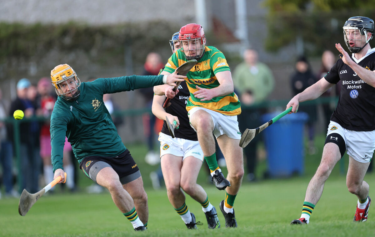  Ryan Sweeney, Blackrock, gets his shot away to score the first goal under pressure from Cathan Hickey, Eoin Varian ands Liam Coughlan. Picture: Jim Coughlan.
