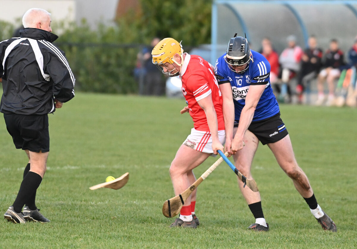 Sarsfields' Jack O'Connor breaks the hurley of Charleville's Jack Callaghan. Picture: Eddie O'Hare