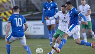 <p>Seanie Maguire of Cork City attempts to play the ball as Finn Harps' Tony McNamee and Oran Brogan close in. Picture: North West Newspix</p>