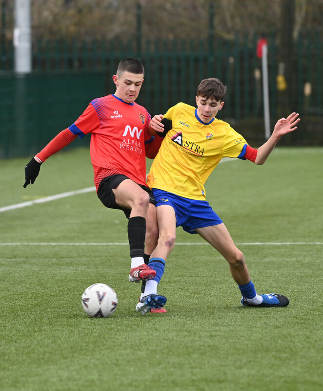  Ben Dolan in action for Leeside United against Max O'Connell, Carrigaine United, at Leeside Park. Picture: Larry Cummins