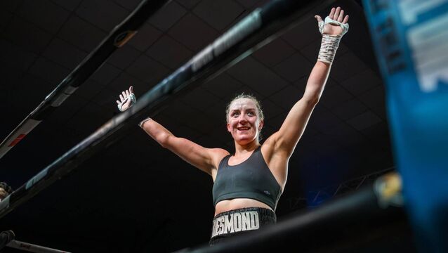 <p>Christina Desmond, here celebrating a victory in February at the Parochial Hall, has now won four fights in six months. Picture: Doug Minihane</p>