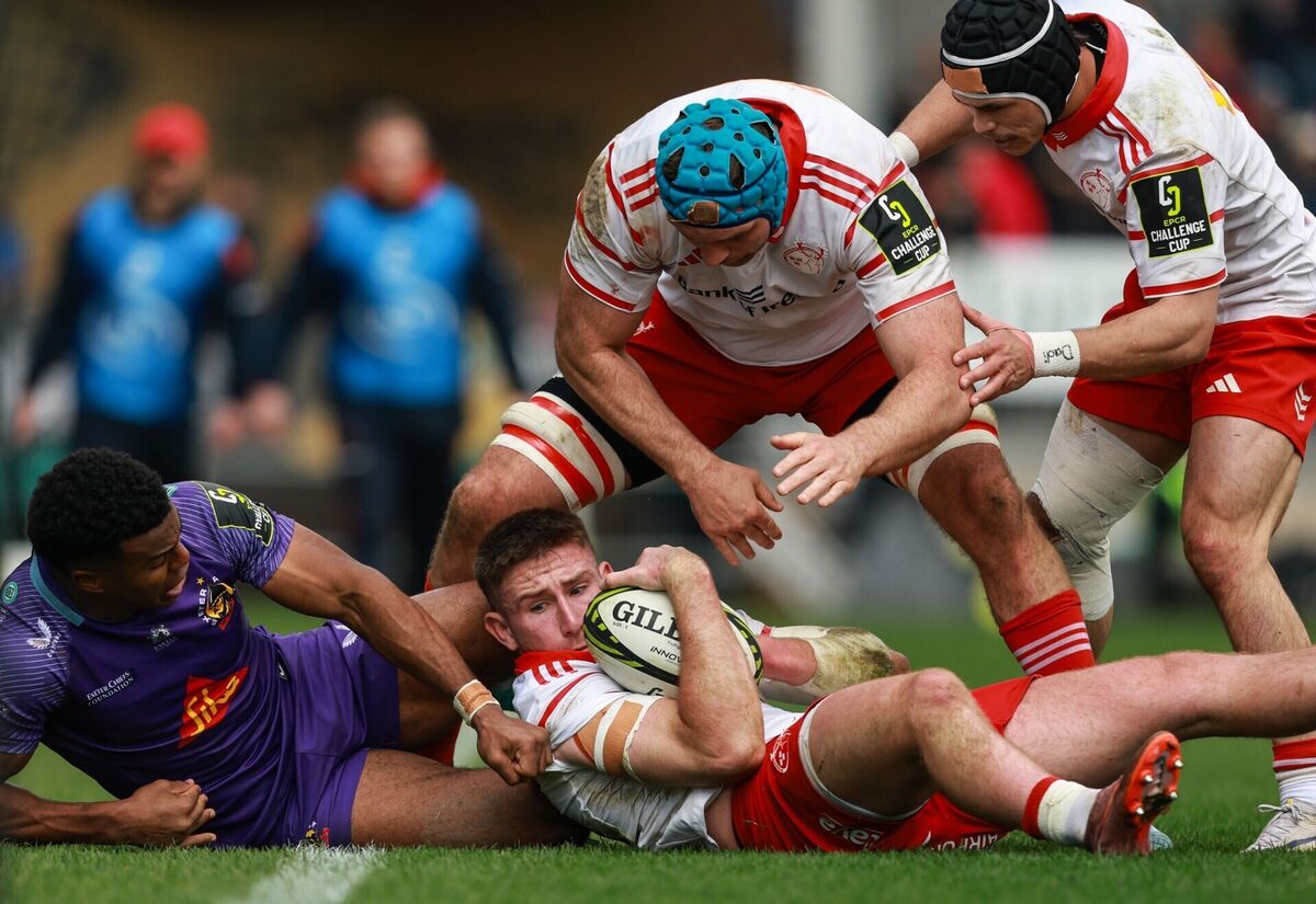 Munster's Ben O'Connor is tackled by Exeter Chiefs' Immanuel Feyi-Waboso. Picture: INPHO/Dan Sheridan