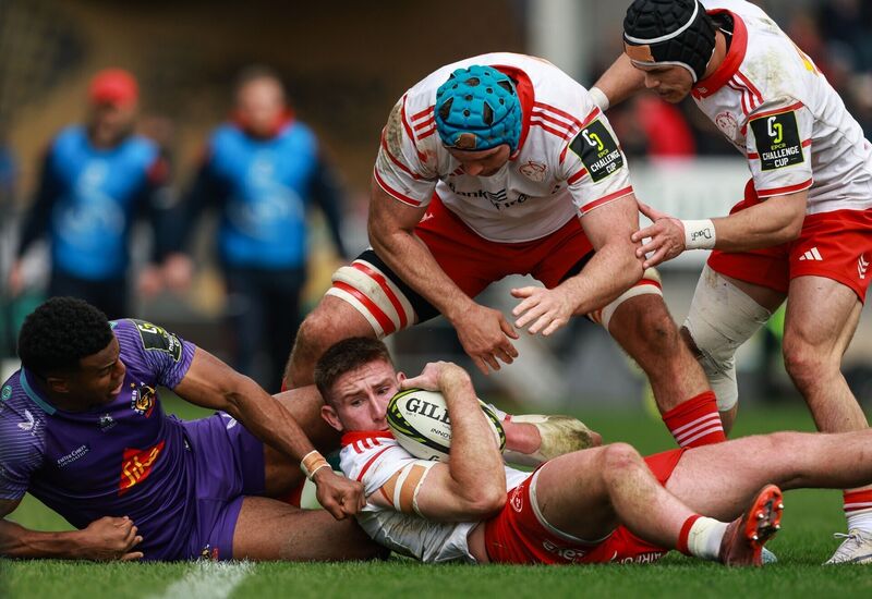 Munster's Ben O'Connor is tackled by Exeter Chiefs' Immanuel Feyi-Waboso. Picture: INPHO/Dan Sheridan