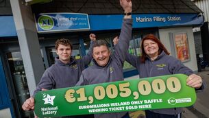 <p>Tim O'Donoghue, Store Owner, (centre) celebrates with staff Christian Murphy Cronin and May Cremin after it was announced that Friday night's EuroMillions Ireland Only Raffle, worth Û1,005,000 was sold in Marina XL Filling Station, Cork City. (Photo: Dylan Vaughan) </p>