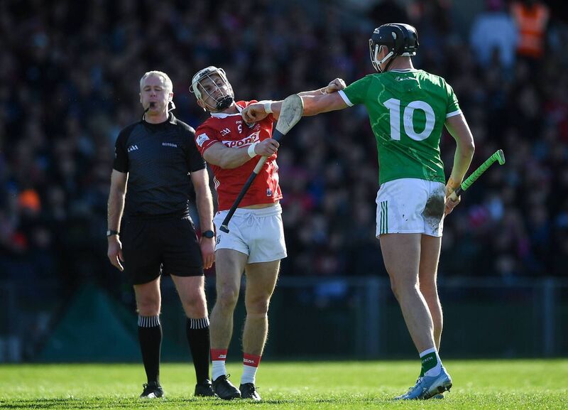 Tommy O'Connell of Cork and Gearóid Hegarty of Limerick squaring up on Sunday. Picture: John Sheridan/Sportsfile Tommy O'Connell of Cork and Gearóid Hegarty of Limerick squaring up on Sunday. Picture: John Sheridan/Sportsfile