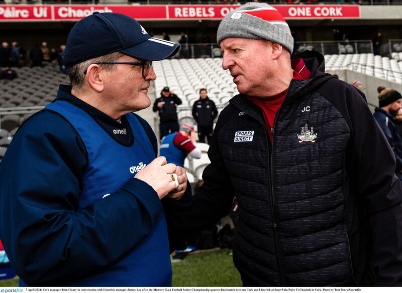 Limerick manager Jimmy Lee and Cork manager John Cleary in conversation in 2024. Picture: Tom Beary/Sportsfile