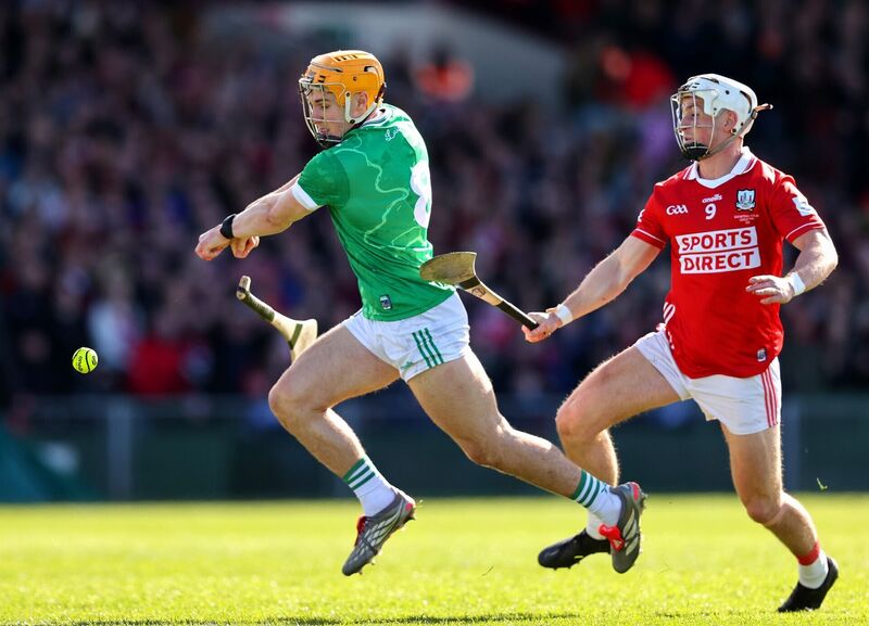 Limerick's Adam English is denied a goal by a Tommy O'Connell tackle. Picture: INPHO/Tom O’Hanlon