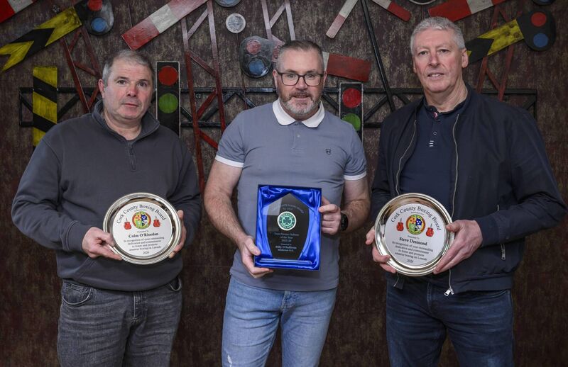 Colm O’Riordan, Billy O’Sullivan and Steve Desmond, all of Midleton BC, who each received awards at the Cork Boxing Breakfast Awards at the Muskerry Arms in Blarney. Picture: Doug Minihane