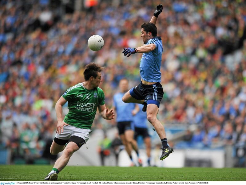 Rory O'Carroll, Dublin, in action against Tomás Corrigan, Fermanagh. Picture: Eoin Noonan/SPORTSFILE
