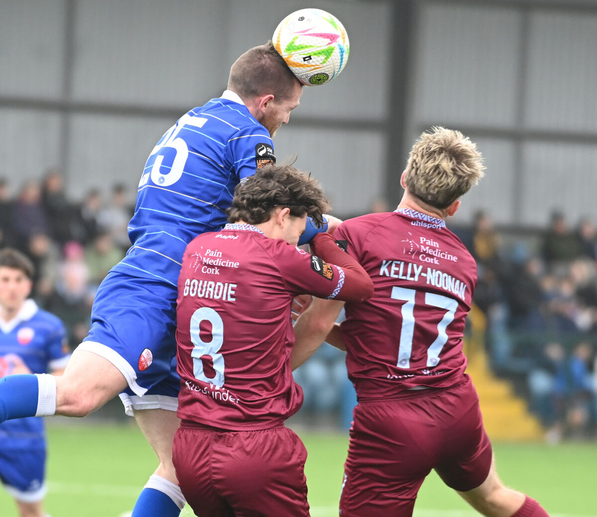 Treaty United's Mark Walsh gets above Cobh Ramblers' Rhys Gourdie and Rhys Kelly-Noonan.    Picture: Eddie O'Hare