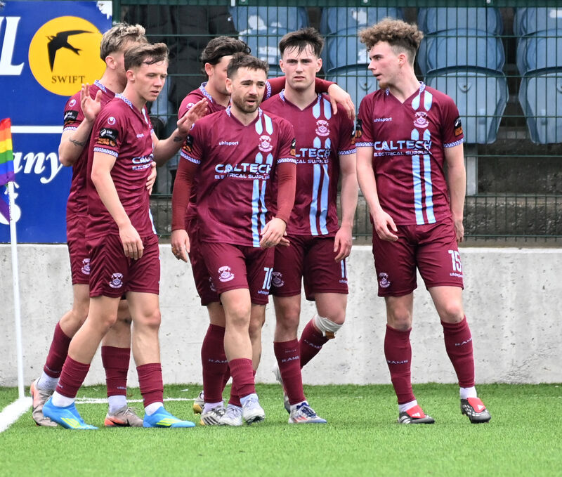 Cobh Ramblers' Dylan McGlade is congratulated by teammates on scoring his hat-trick. Picture: Eddie O'Hare Cobh Ramblers' Dylan McGlade is congratulated by teammates on scoring his hat-trick. Picture: Eddie O'Hare