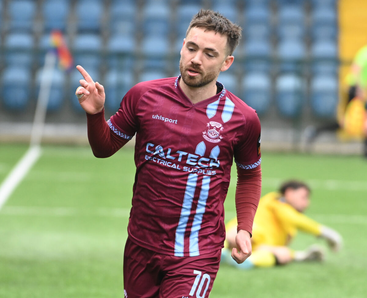 Cobh Ramblers' Dylan McGlade celebrates the first of his goals against Treaty United during the SSE Airtricity 1st division game at St. Colman's Park Picture; Eddie O'Hare