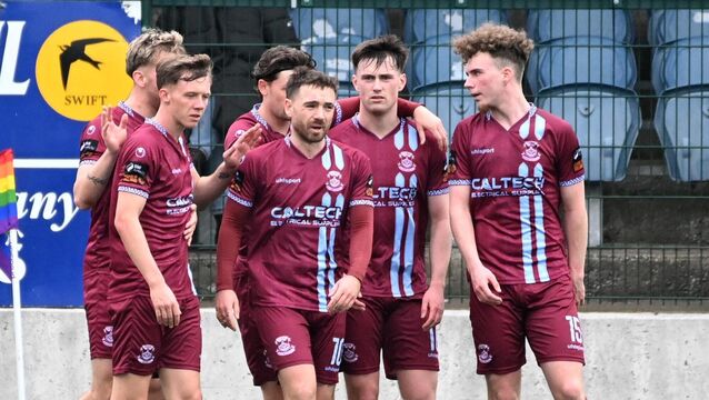 <p>Cobh Ramblers' Dylan McGlade is congratulated by teammates on scoring his hat-trick against Treaty United during the SSE Airtricity 1st division game at St. Colman's Park Picture; Eddie O'Hare</p>