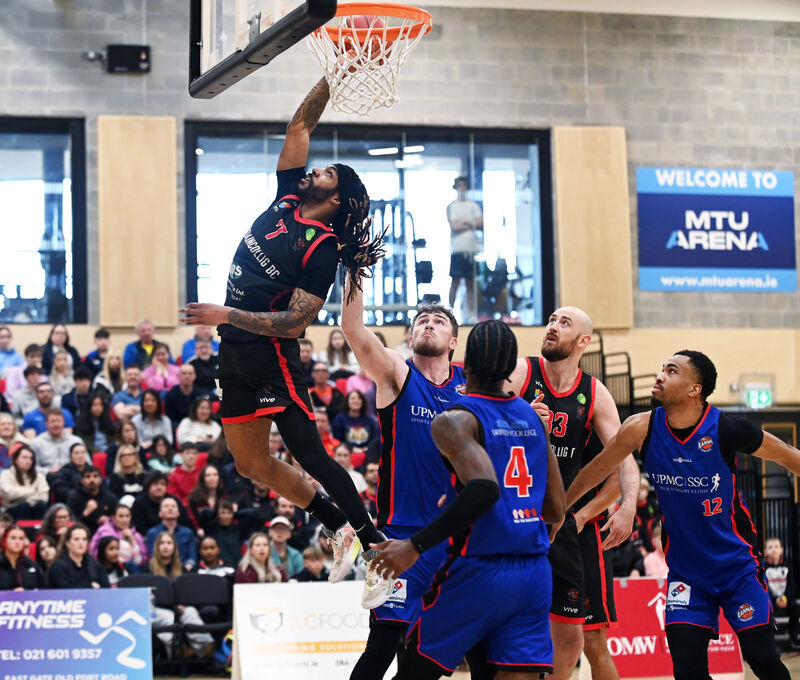 Ballincollig's Latrell Jossell leaps to finish a lay-up at MTU Arena. Picture: Eddie O'Hare