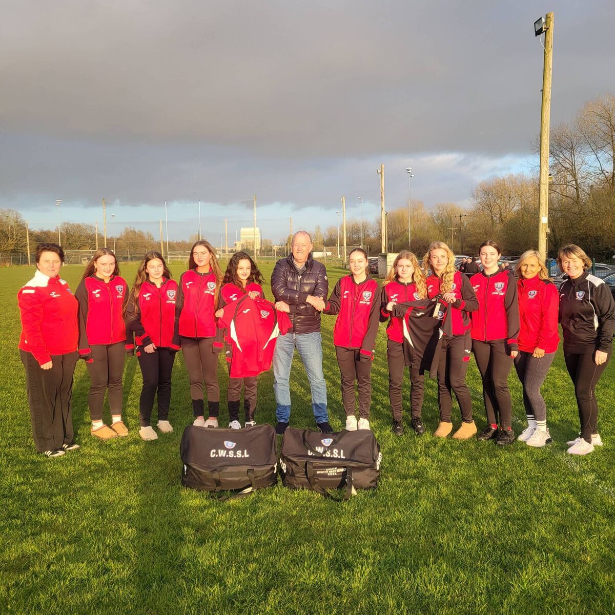 The CWSSL U15 inter-league team who were presented with new gear by Adrian Ryan, SportsGear Direct ahead of their trip to England over the Easter period. Also in the picture are Maria McGrath and Linda Montgomery from the CWSSL 