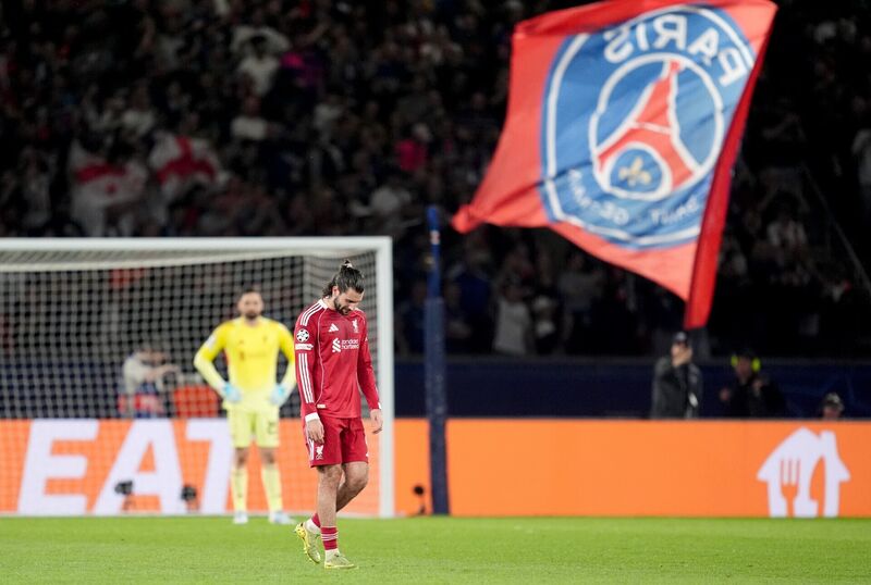 Liverpool's Dominik Szoboszlai shows his dejection after his side conceded a second goal during the UEFA Champions League quarter-final first leg match at Parc des Princes, Paris. Picture: Adam Davy/PA Wire