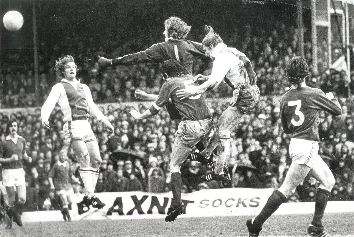 Memories of Flower Lodge. Shelbourne keeper Paddy Roche punching clear from Dinny Allen and Dave Wigginton (Hibs) during the 1973 FAI Cup final replay at Flower Lodge.