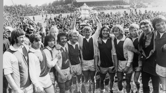 <p>Cork Hibs players after winning the FAI Cup in May 1973 after a replay ith Shelbourne at Flower Lodge. Pictured are: John Brohan, Frankie Connolly, Carl Humphries, Declan O’Mahony (goalie slightly behind), John Lawson, Sonny Sweeney, Dave Bacuzzi, Gerry Coyne, Dave Wiggington, Dinny Allen, Noel O’Mahony (in suit), Martin ‘Fada’ Sheehan.</p>