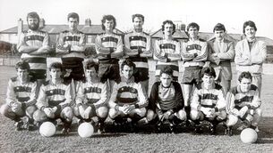 <p>Tramore Athletic MSL team 1986. Back: John Swaine, George Jackson, Noel Hartigan, Dave McCarthy, Jim Leahy, Brian McSweeney, Barry Sheehan, Frank Murphy. Front: Michael O'Sullivan, Pat Griffen, Joe O'Connell, Charlie McCarthy, Eddie Henebry, Aidan Hartnett and Mattie Murphy.</p>