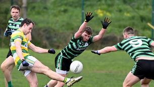 <p>Carbery Rangers' Peadar O'Rourke shoots from Douglas' Alan O'Hare and Niall Hartnett during the McCarthy Insurance Group SFL Division 1 game at Douglas. Picture: Eddie O'Hare</p> <p>Carbery Rangers' Peadar O'Rourke shoots from Douglas' Alan O'Hare and Niall Hartnett during the McCarthy Insurance Group SFL Division 1 game at Douglas. Picture: Eddie O'Hare</p>